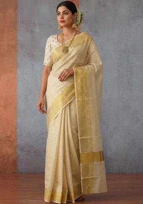 Off White Woven Design Tissue Saree Set