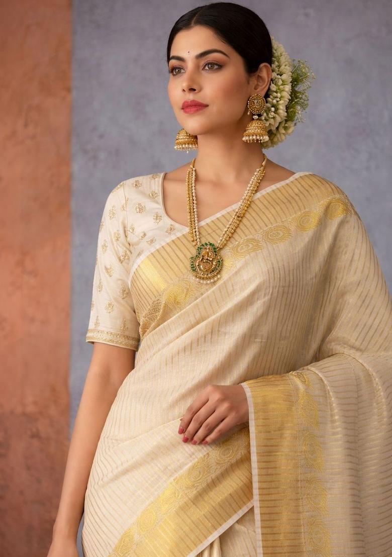 Off White Woven Design Tissue Saree Set - Indya