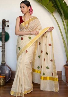 Cream Embroidered Tissue Saree Set