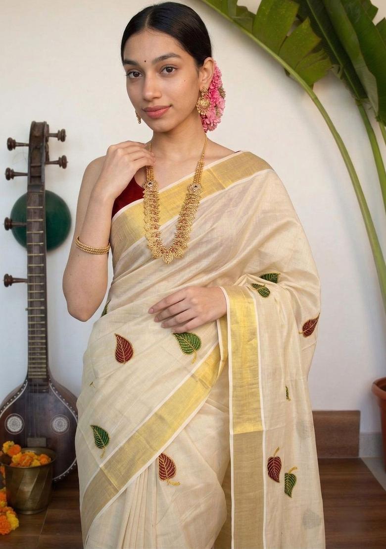 Cream Embroidered Tissue Saree Set - Indya
