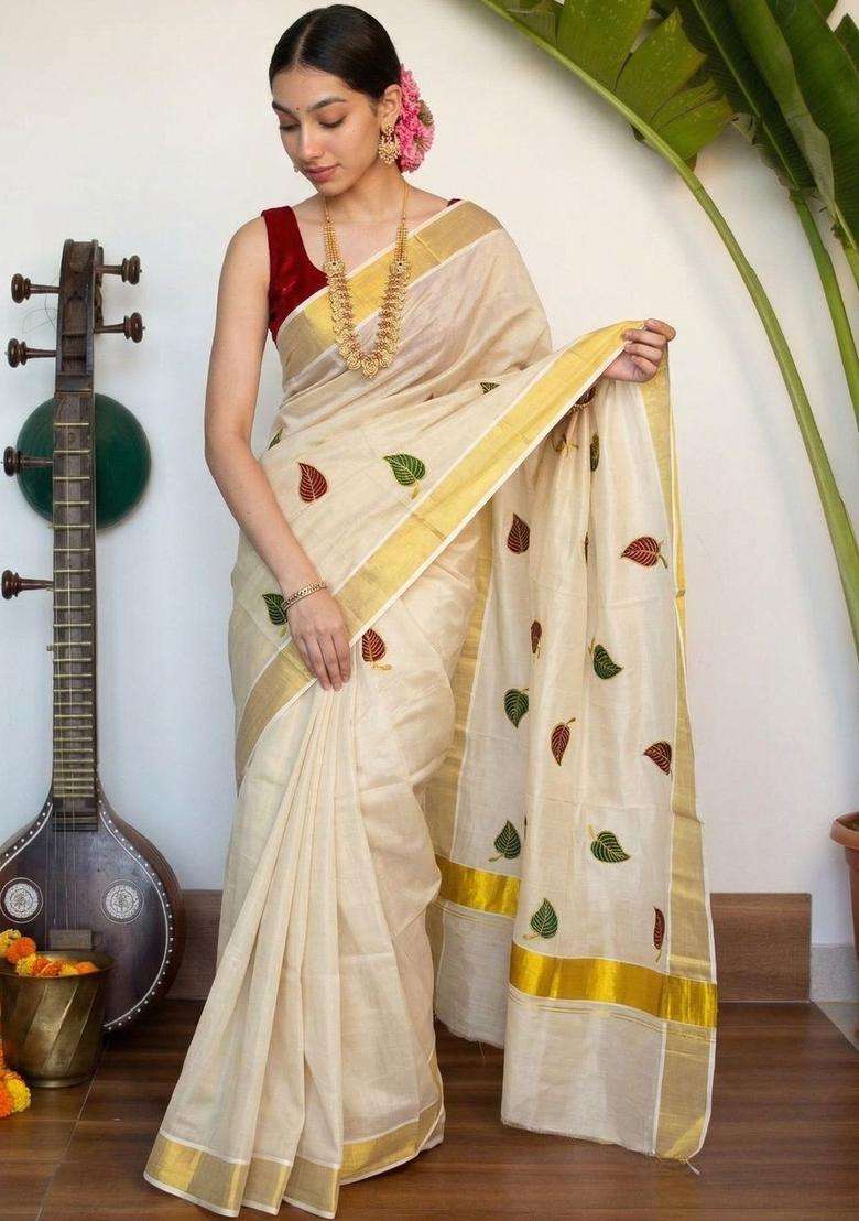 Cream Embroidered Tissue Saree Set for Diwali and Festive Wear - Indya