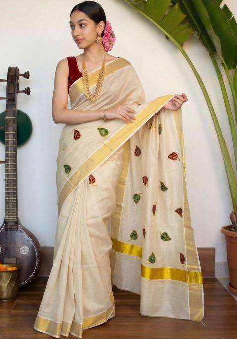 Cream Embroidered Tissue Saree Set for Diwali and Festive Wear