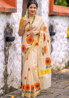 Off White Printed Tissue Saree Set