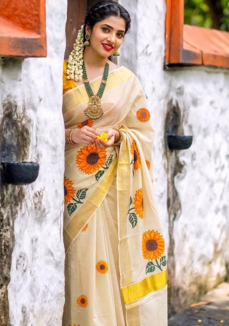 Off White Printed Tissue Saree Set - Indya