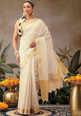 Off White Solid Silk Saree Set