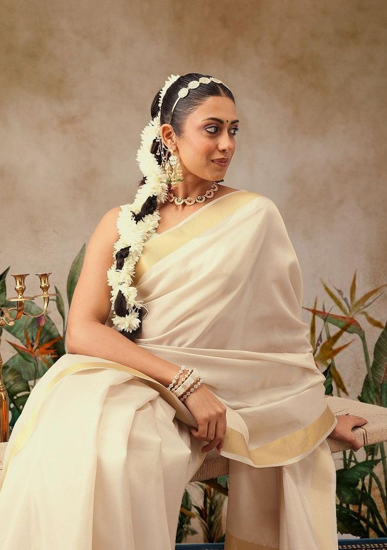 Off White Solid Silk Saree Set - Indya