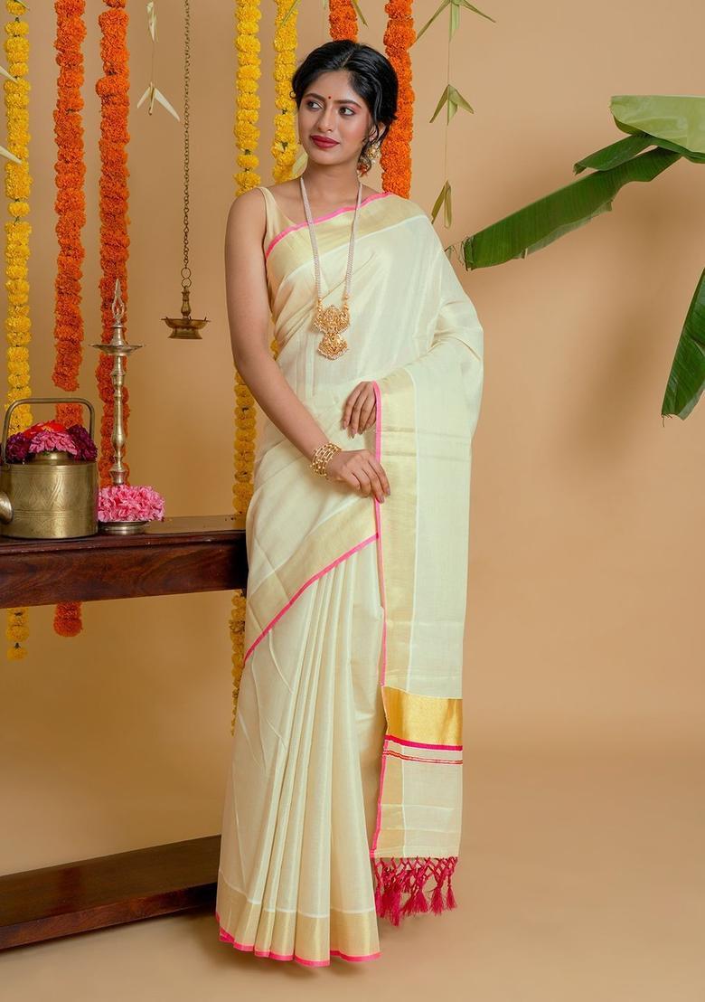 Off White Solid Tissue Saree Set - Indya