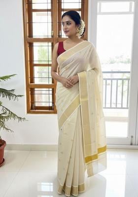 Off White Woven Design Tissue Saree Set
