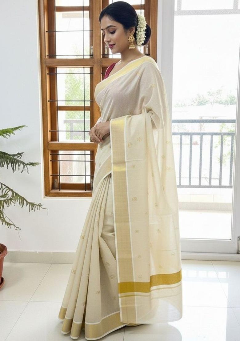 Off White Woven Design Tissue Saree Set - Indya