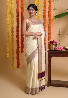 Off White Solid Tissue Saree Set