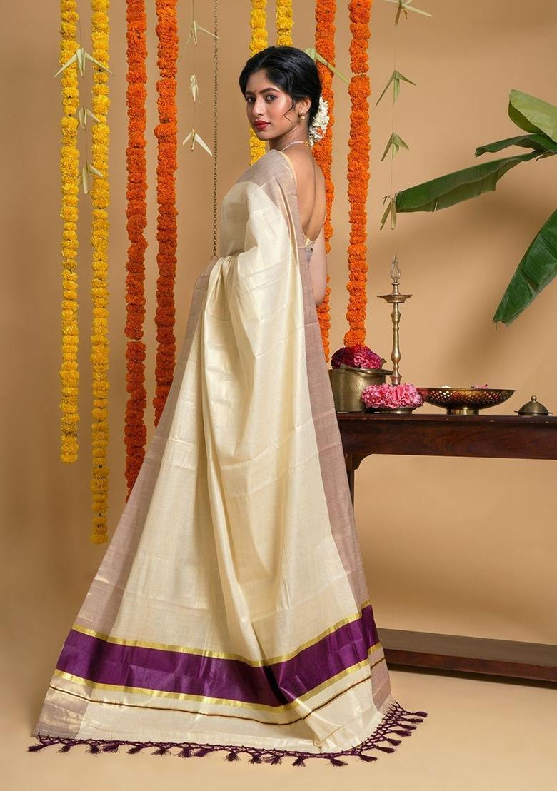 Off White Solid Tissue Saree Set - Indya