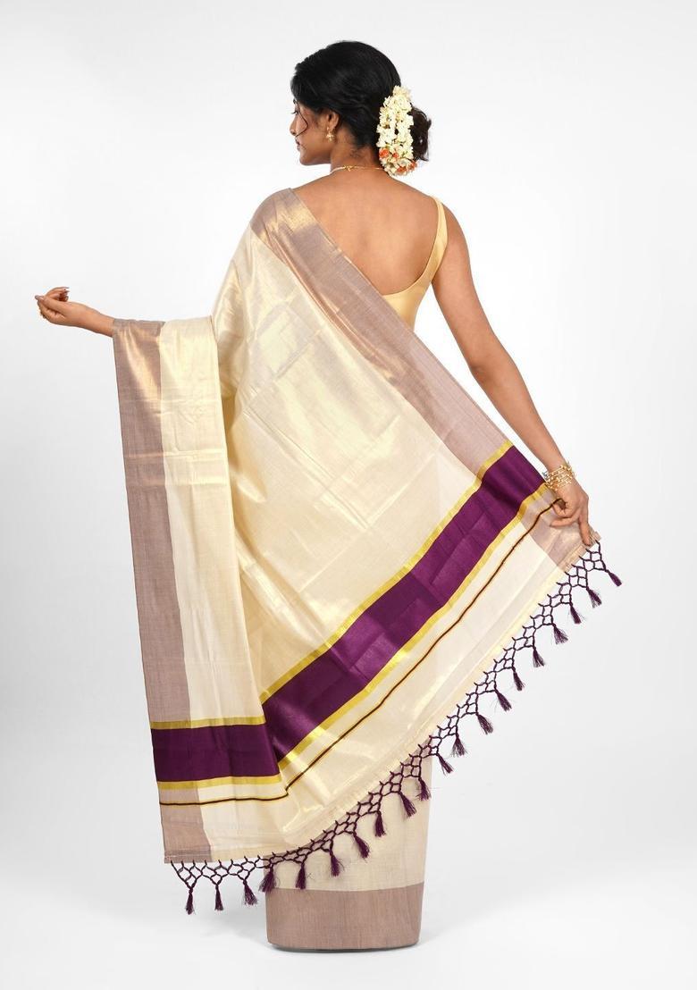 Off White Solid Tissue Saree Set - Indya