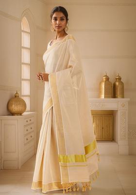 Off White Solid Tissue Saree Set