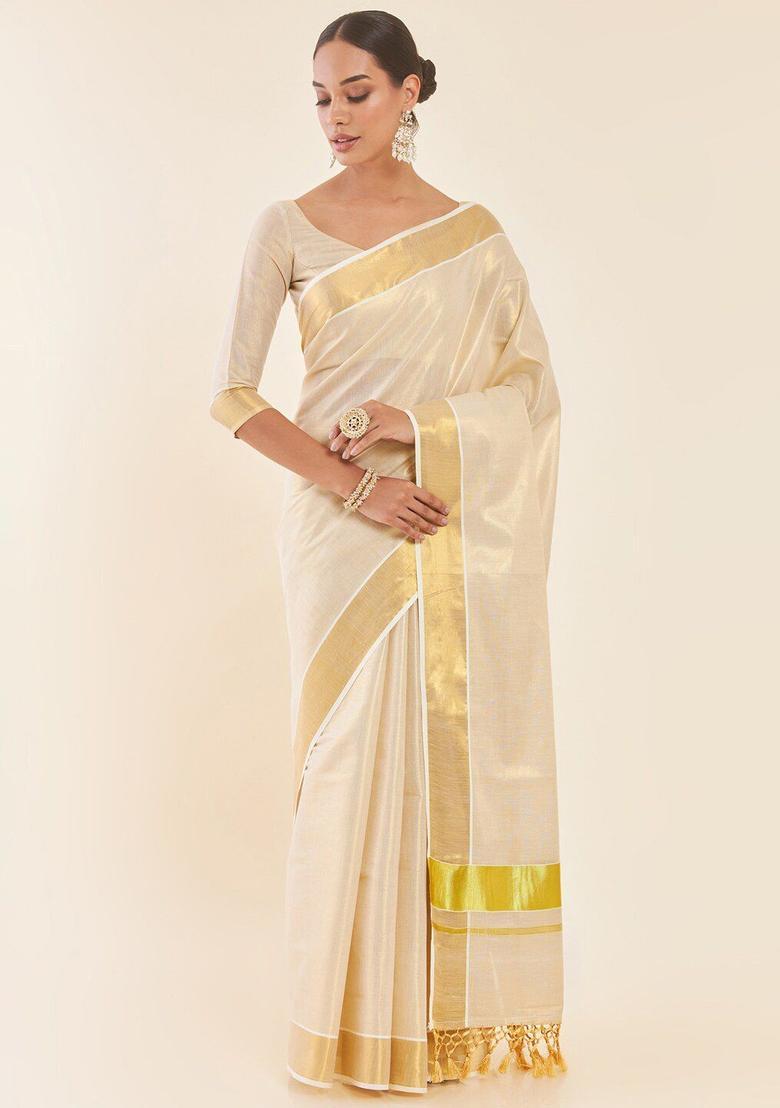 Off White Solid Tissue Saree Set - Indya