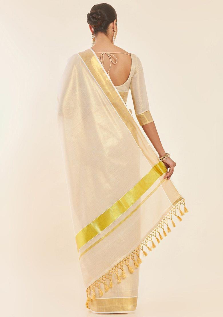 Off White Solid Tissue Saree Set - Indya