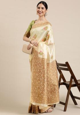 Cream Woven Design Silk Saree Set