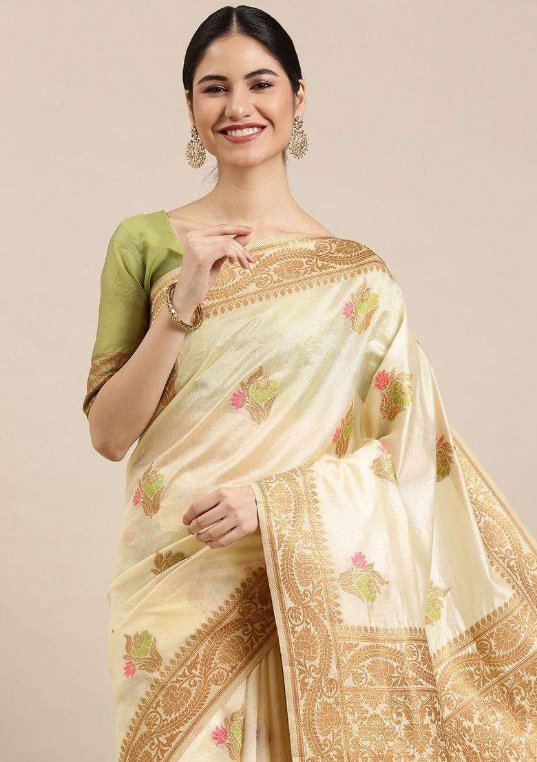 Cream Woven Design Silk Saree Set for Diwali | Wedding & Festive Wear - Indya