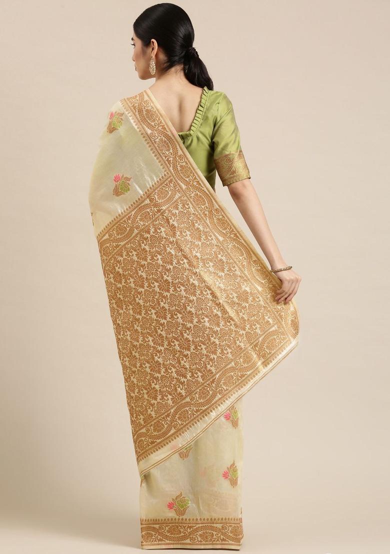 Cream Woven Design Silk Saree Set - Indya