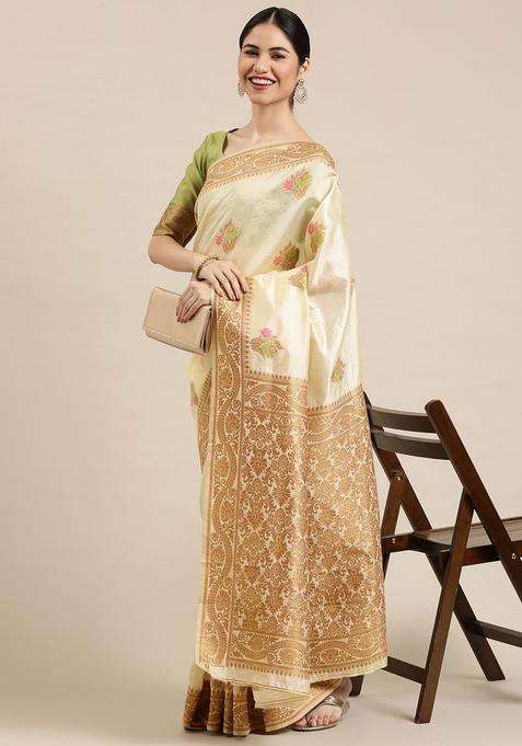 Cream Woven Design Silk Saree Set for Diwali | Wedding & Festive Wear