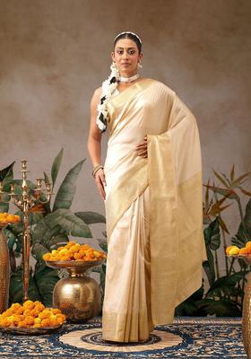 Cream Woven Design Silk Saree Set