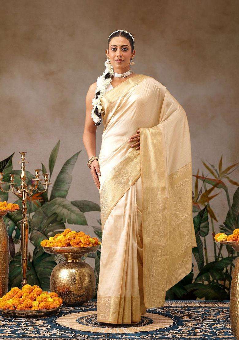 Cream Woven Design Silk Saree Set for Diwali | Wedding & Festive Wear - Indya