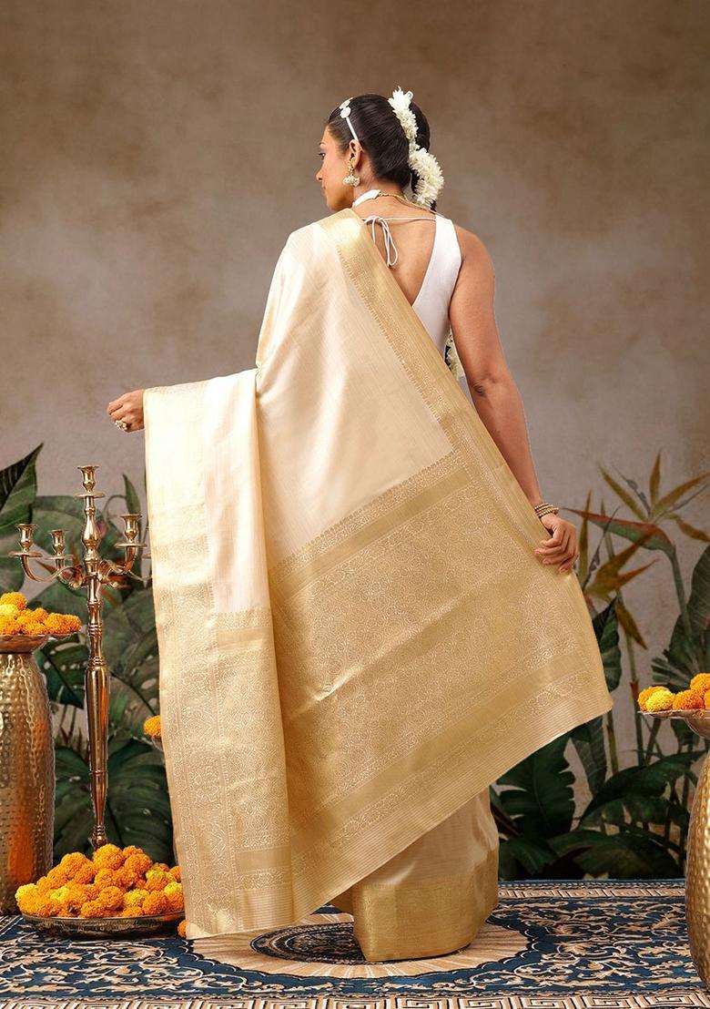 Cream Woven Design Silk Saree Set - Indya