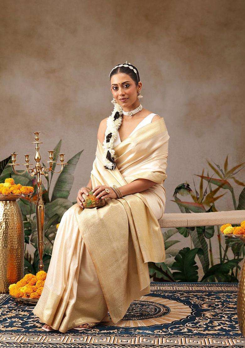 Cream Woven Design Silk Saree Set for Diwali | Wedding & Festive Wear - Indya