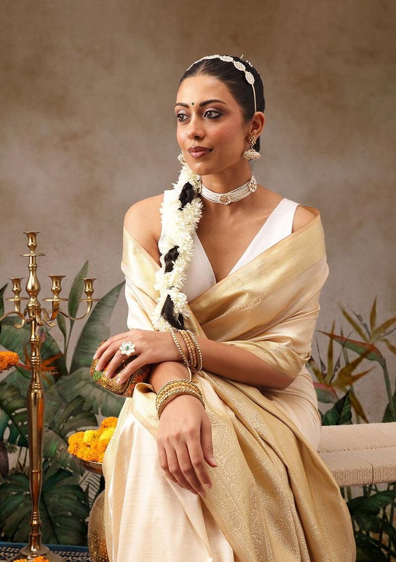 Cream Woven Design Silk Saree Set - Indya