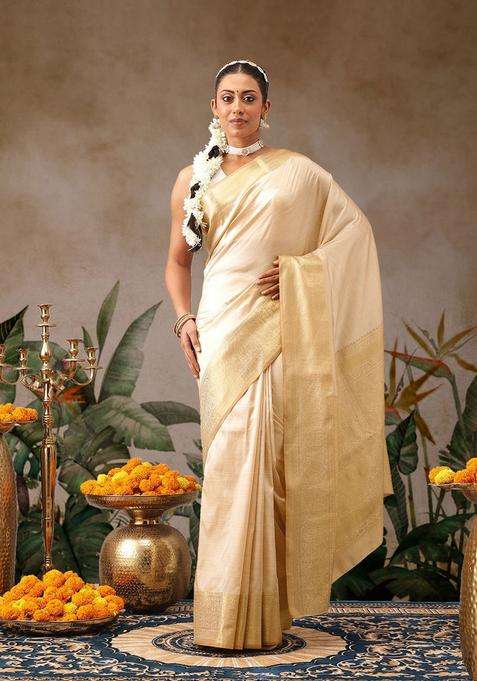 Cream Woven Design Silk Saree Set for Diwali | Wedding & Festive Wear