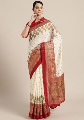 Cream Printed Silk Saree Set