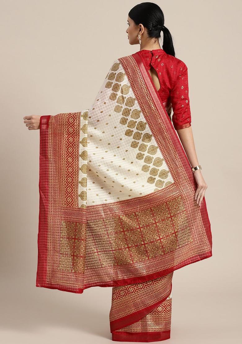 Cream Printed Silk Saree Set - Indya