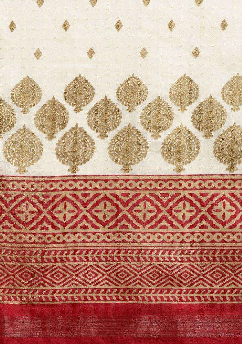Cream Silk Saree Set with Printed for Diwali | Wedding & Festive Wear - Indya