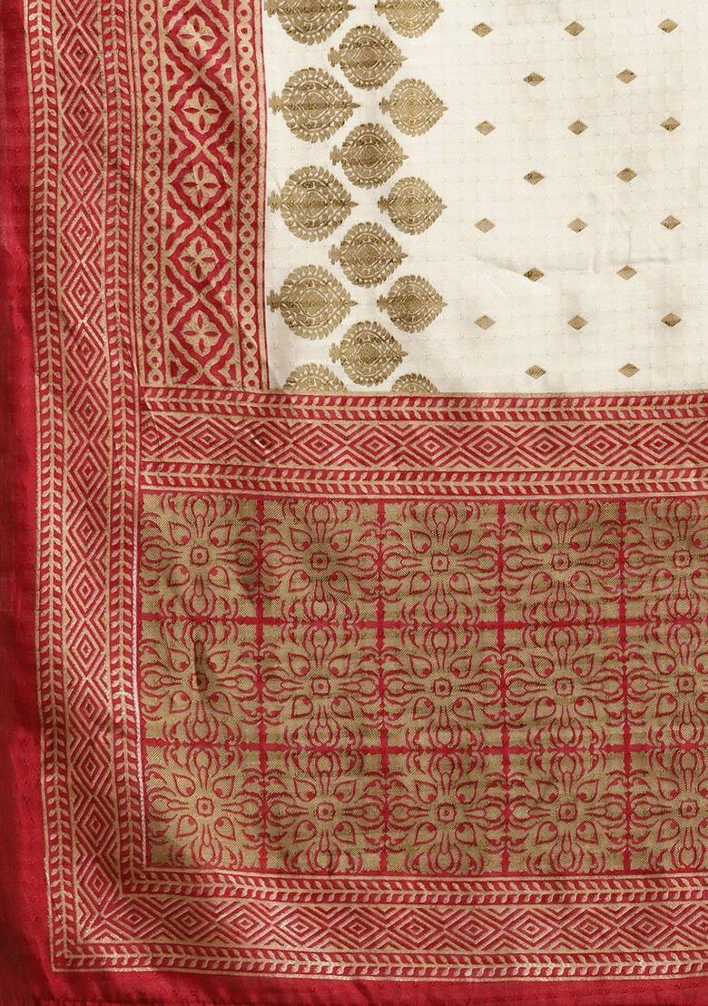 Cream Printed Silk Saree Set - Indya