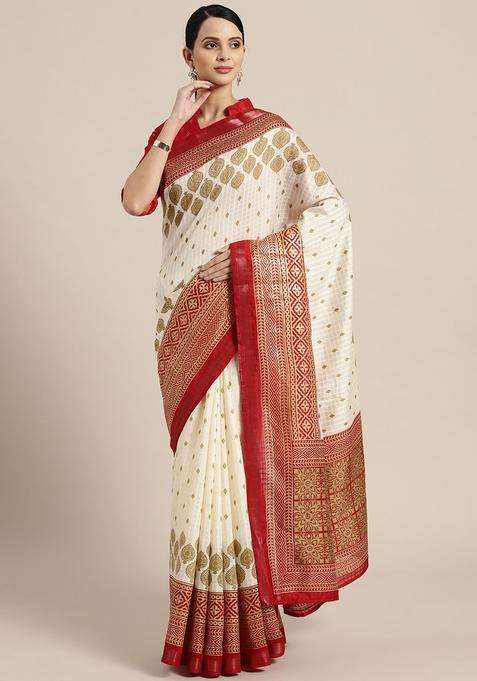 Cream Silk Saree Set with Printed for Diwali | Wedding & Festive Wear