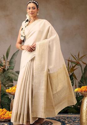 Off White Woven Design Silk Saree Set