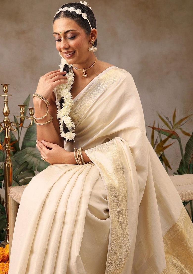 Off White Woven Design Silk Saree Set - Indya