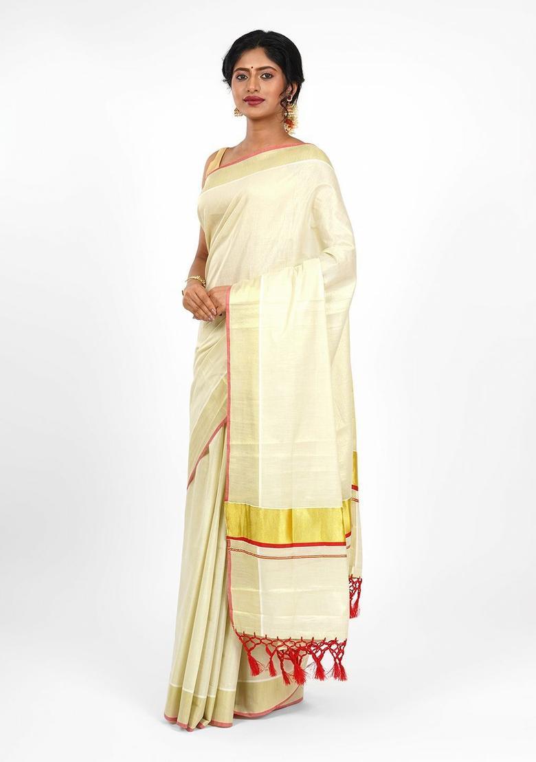White Solid Tissue Saree Set - Indya