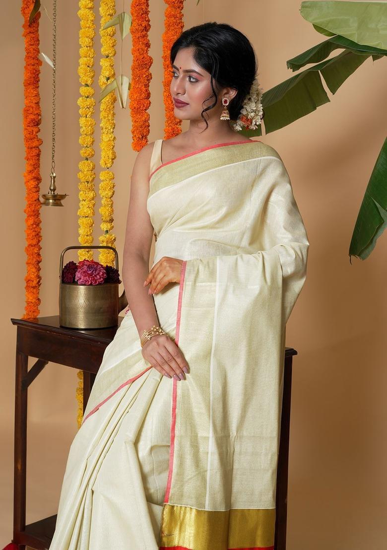 White Solid Tissue Saree Set - Indya