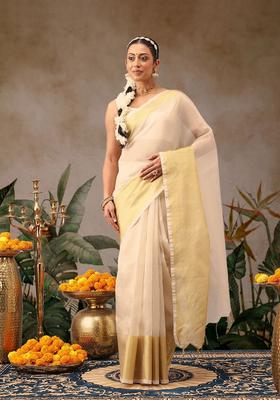 Off White Woven Design Silk Saree Set
