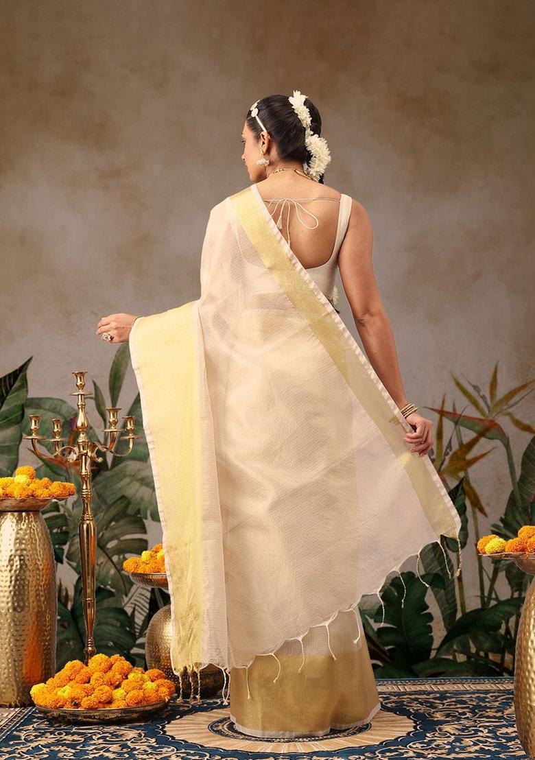 Off White Woven Design Silk Saree Set - Indya