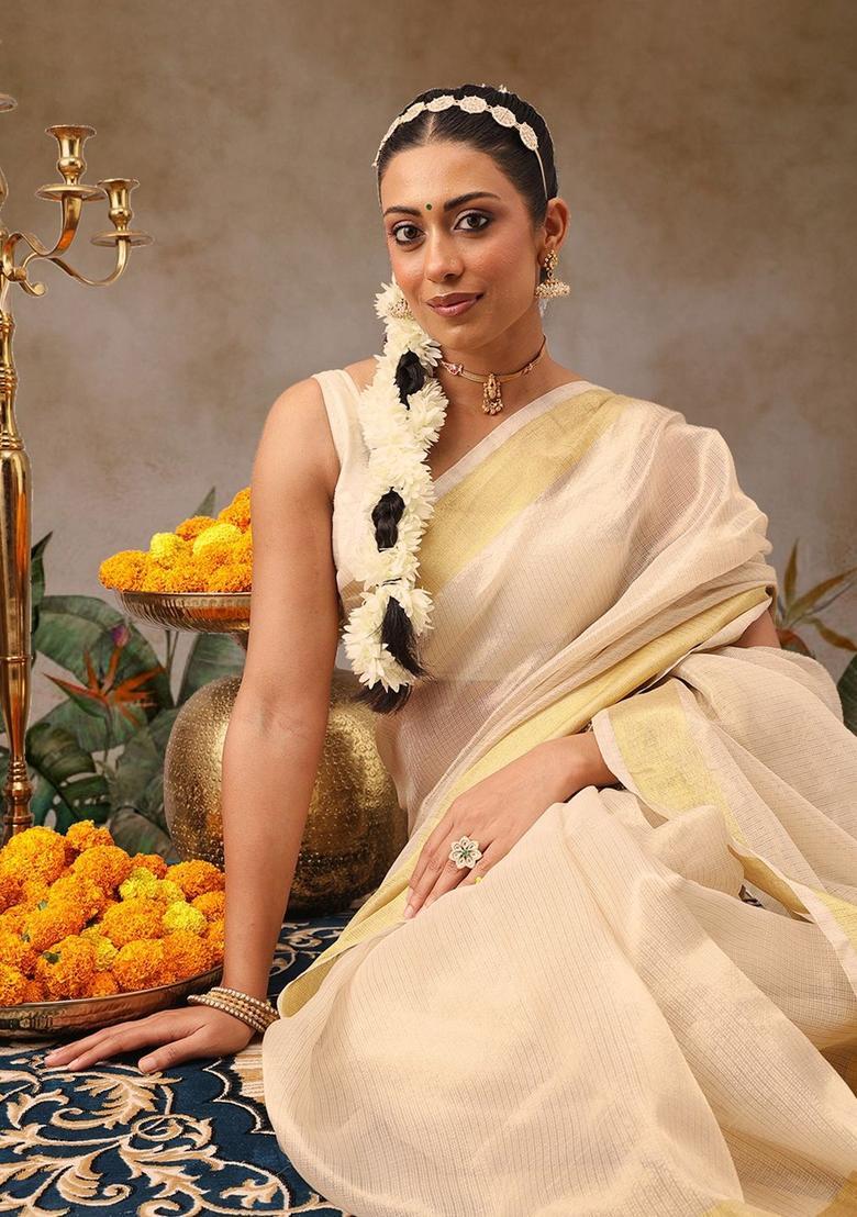 Off White Woven Design Silk Saree Set - Indya