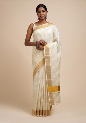 White Striped Cotton Saree Set