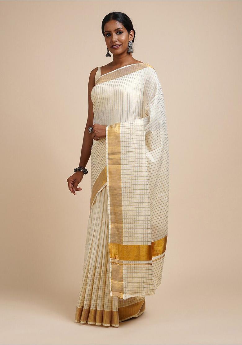 White Striped Cotton Saree Set - Indya
