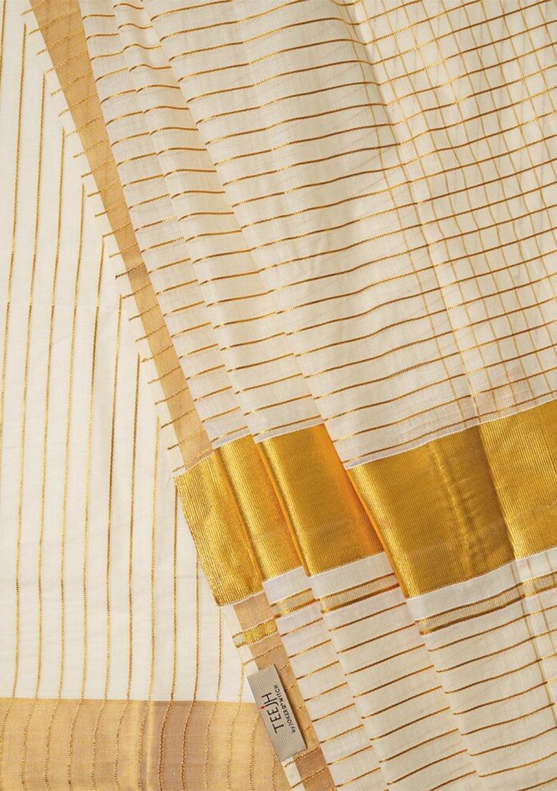 White Striped Cotton Saree Set - Indya