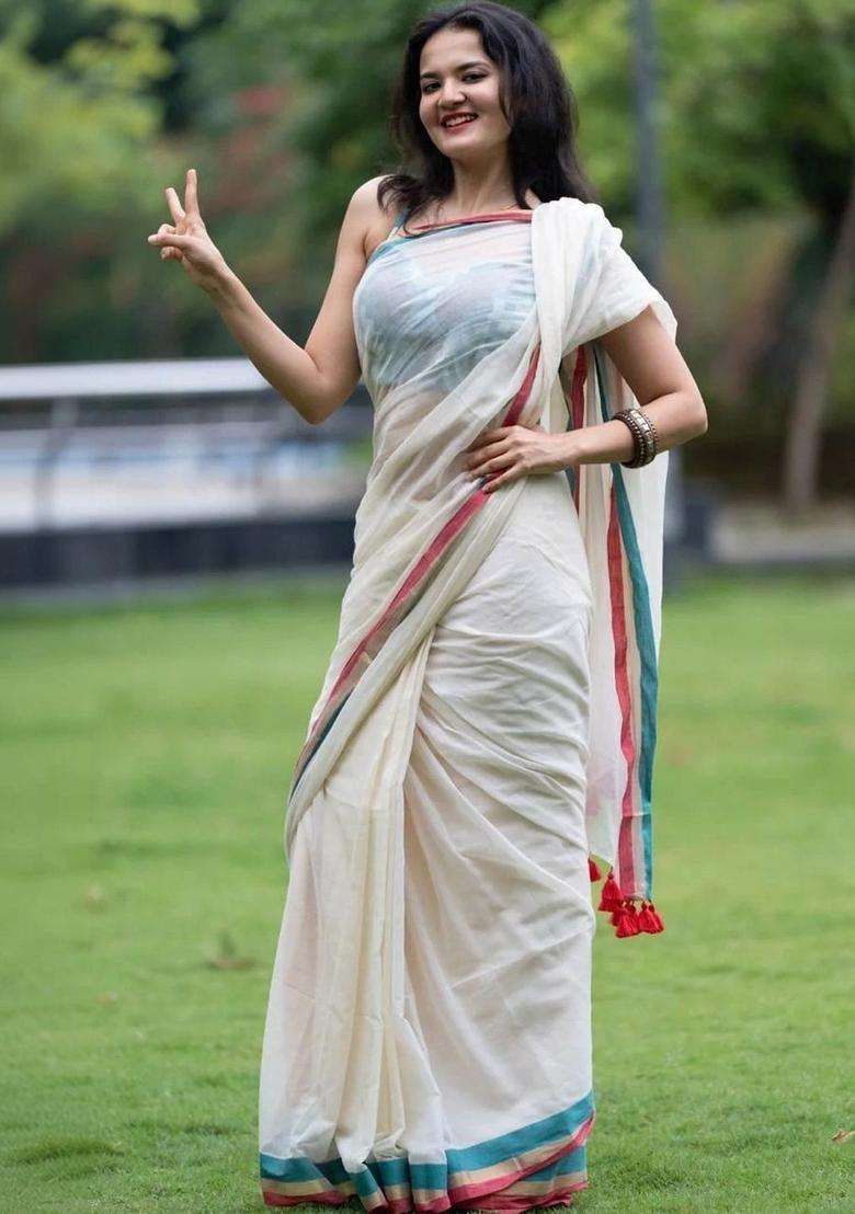 Off White Striped Viscose Saree Set - Indya