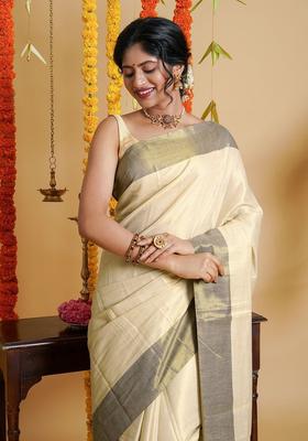 Cream Solid Tissue Saree Set