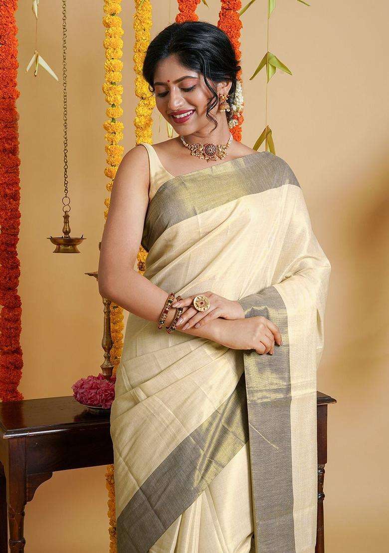Cream Solid Tissue Saree Set for Diwali | Wedding & Festive Wear - Indya