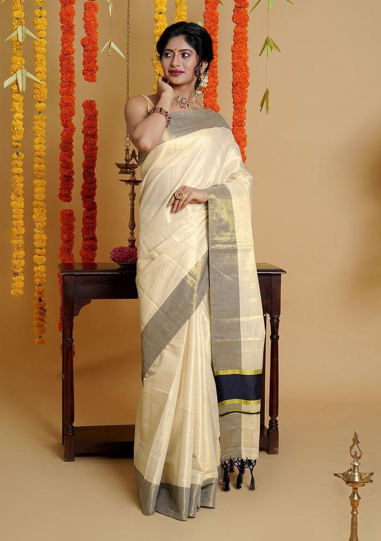 Cream Solid Tissue Saree Set - Indya