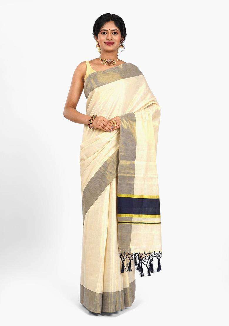 Cream Solid Tissue Saree Set for Diwali | Wedding & Festive Wear - Indya