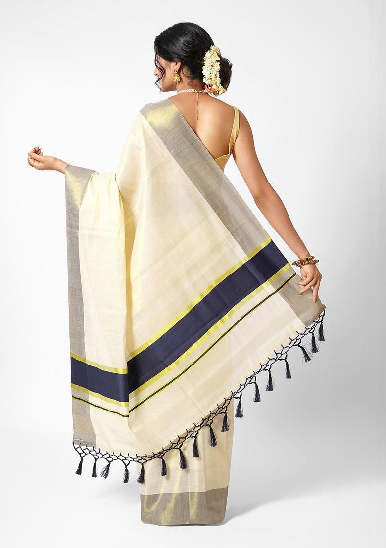 Cream Solid Tissue Saree Set - Indya